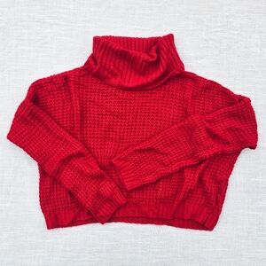Bright Red Chunky-Knit Cropped Cowl-Neck Cozy Sweater